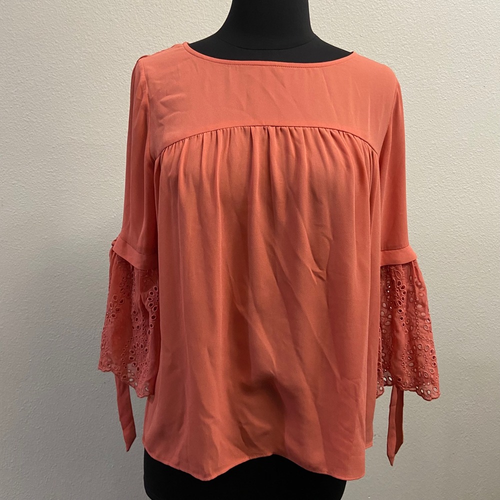 Loft Women's Blouse XS Coral Pink Bell Sleeve Eyelet Tie Boho Top NWT‎